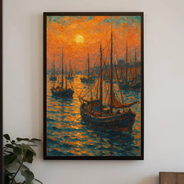 Sailboats at Sunrise: Tranquil Coastal Impressionistic Art Poster PosterGoat