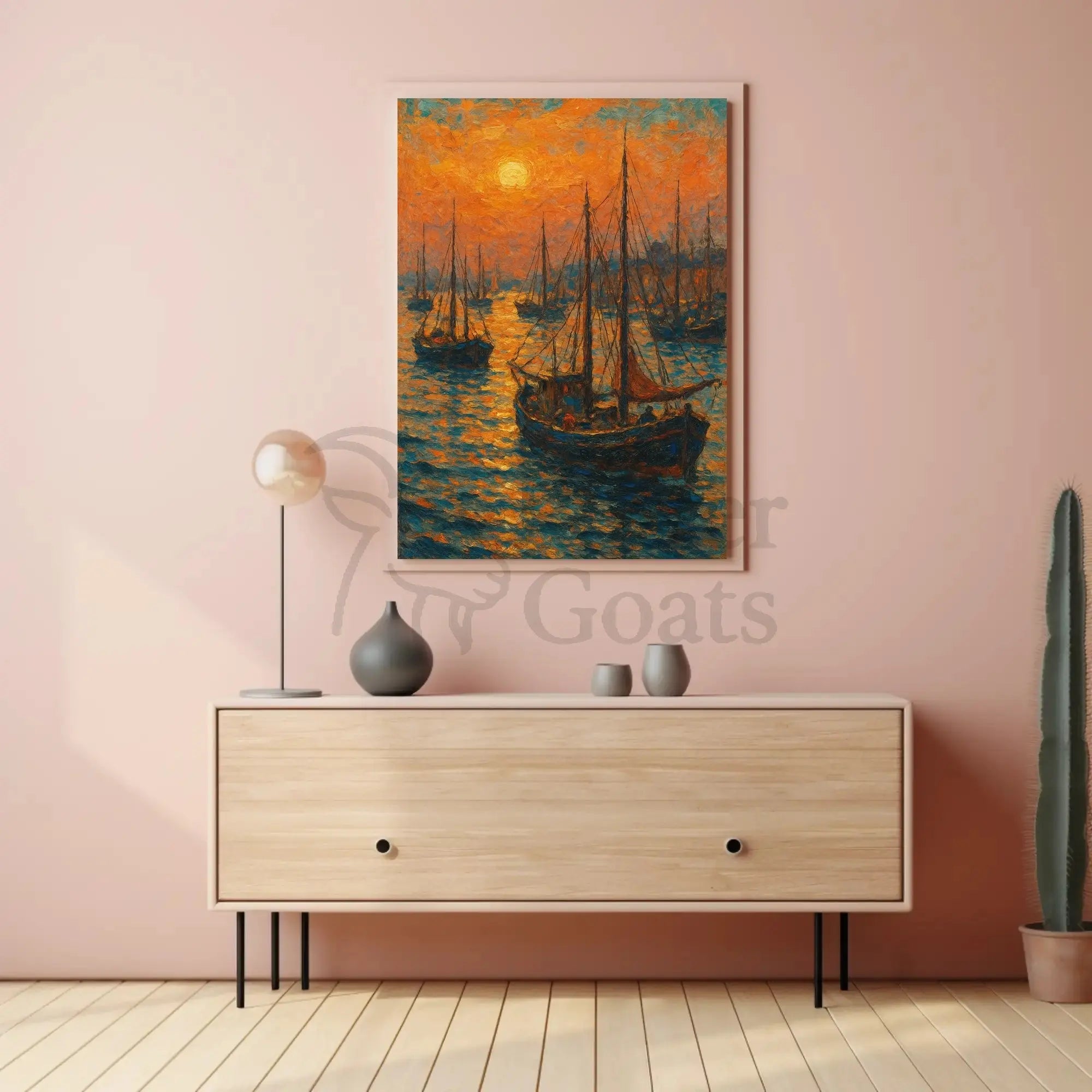 Sailboats at Sunrise: Tranquil Coastal Impressionistic Art Poster PosterGoat