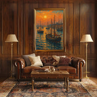 Sailboats at Sunrise: Tranquil Coastal Impressionistic Art Poster PosterGoat