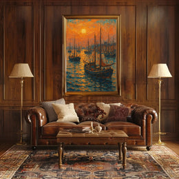 Sailboats at Sunrise: Tranquil Coastal Impressionistic Art Poster PosterGoat