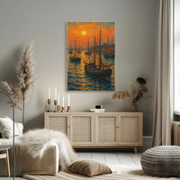 Sailboats at Sunrise: Tranquil Coastal Impressionistic Art Poster PosterGoat