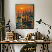 Sailboats at Sunrise: Tranquil Coastal Impressionistic Art Poster PosterGoat