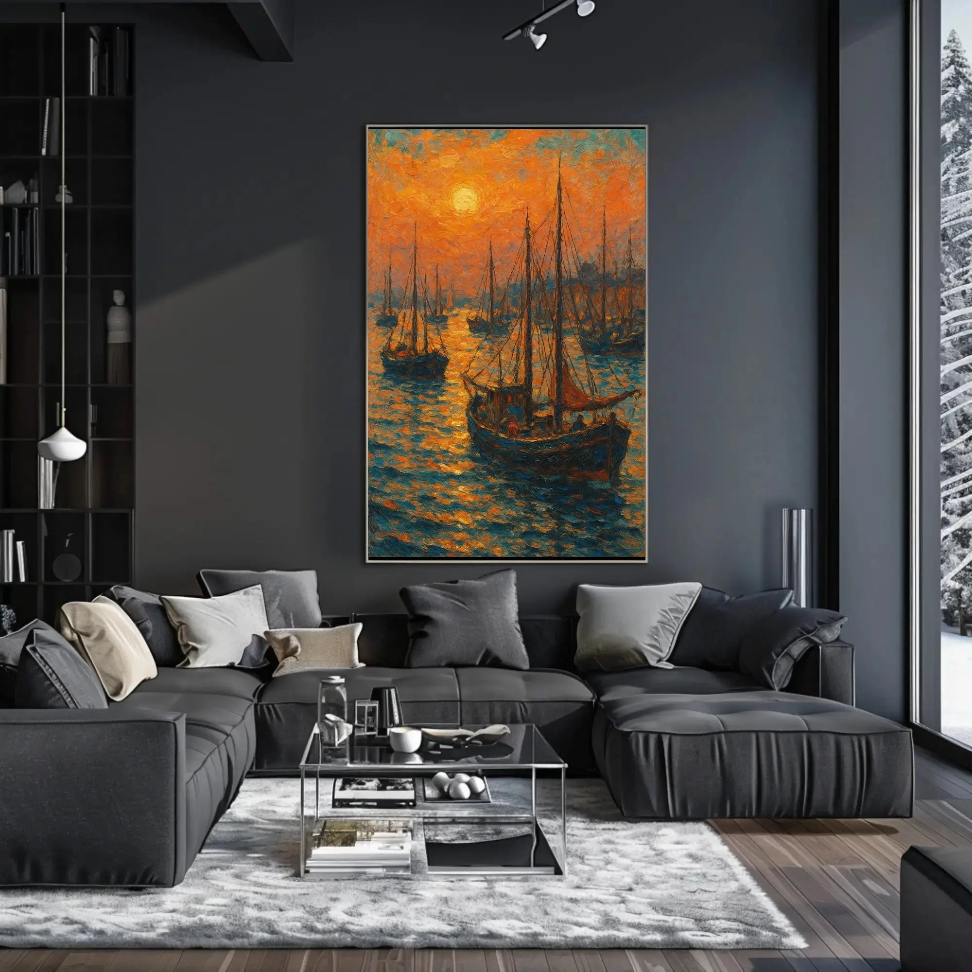Sailboats at Sunrise: Tranquil Coastal Impressionistic Art Poster PosterGoat