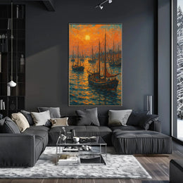 Sailboats at Sunrise: Tranquil Coastal Impressionistic Art Poster PosterGoat