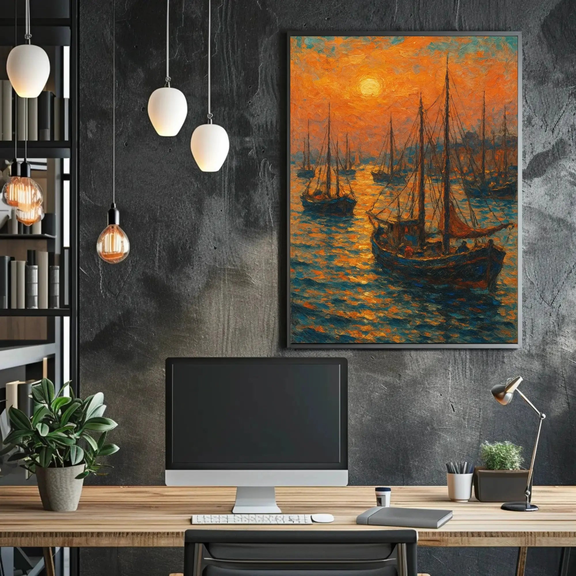 Sailboats at Sunrise: Tranquil Coastal Impressionistic Art Poster PosterGoat