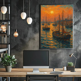 Sailboats at Sunrise: Tranquil Coastal Impressionistic Art Poster PosterGoat