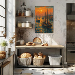 Sailboats at Sunrise: Tranquil Coastal Impressionistic Art Poster PosterGoat