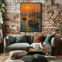 Sailboats at Sunrise: Tranquil Coastal Impressionistic Art Poster PosterGoat