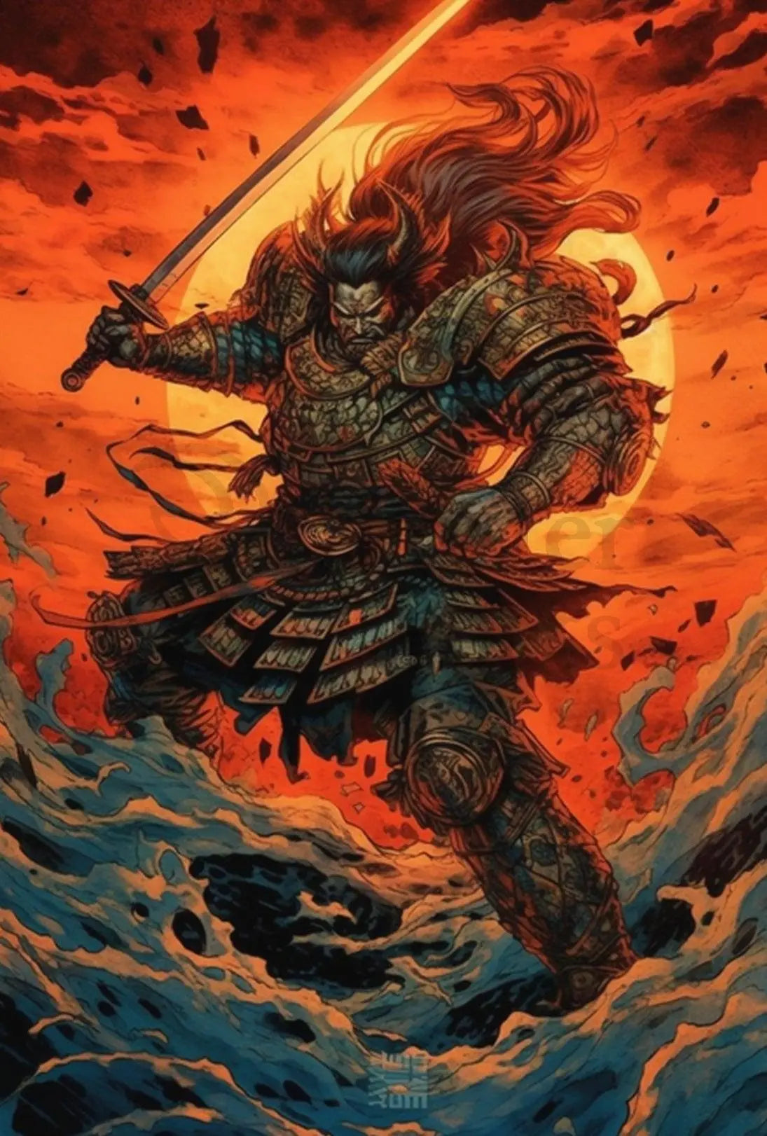 Samurai Warrior Battles Fiery Skies Heritage Poster PosterGoat