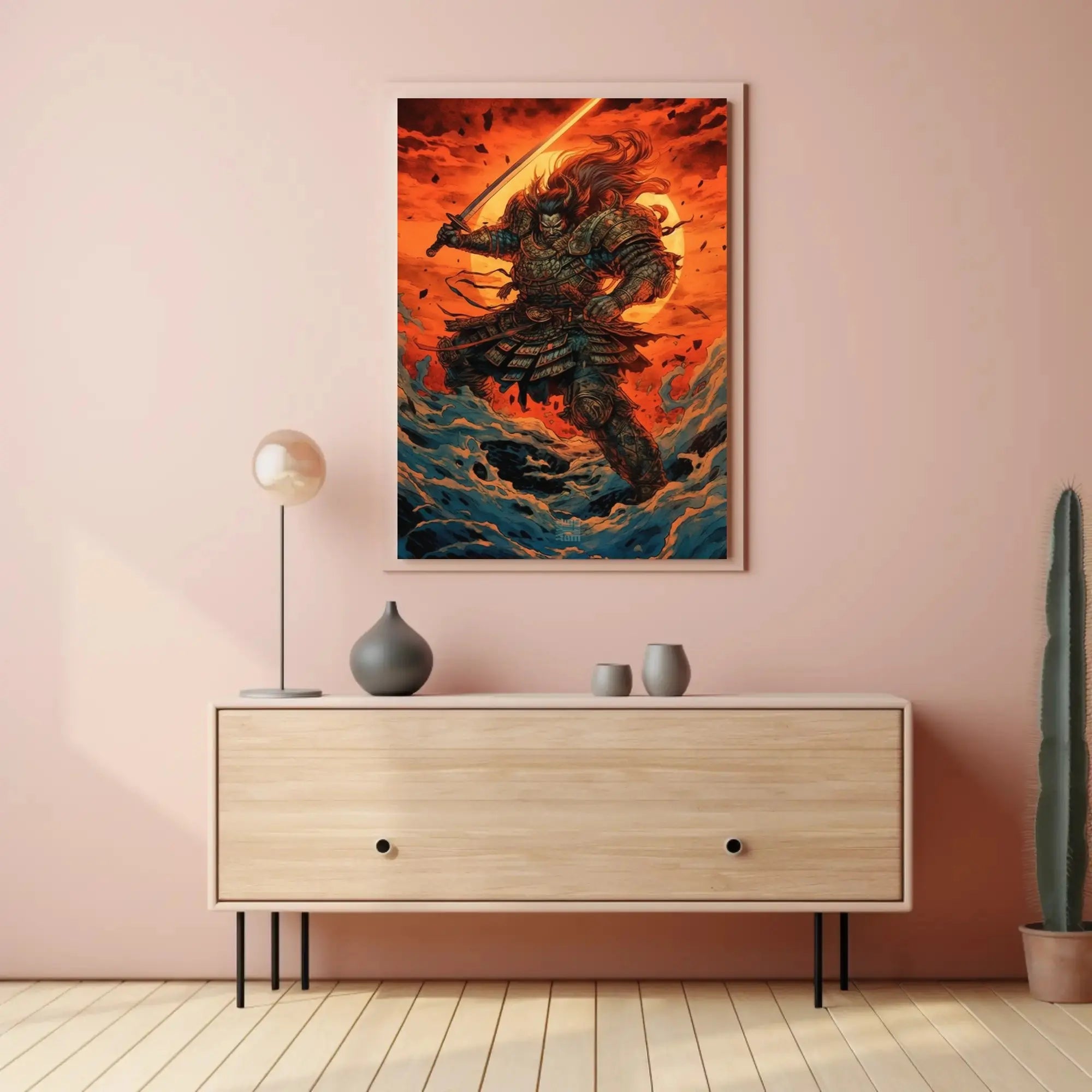 Samurai Warrior Battles Fiery Skies Heritage Poster PosterGoat