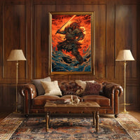 Samurai Warrior Battles Fiery Skies Heritage Poster PosterGoat