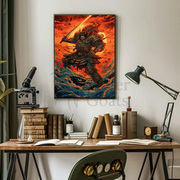 Samurai Warrior Battles Fiery Skies Heritage Poster PosterGoat