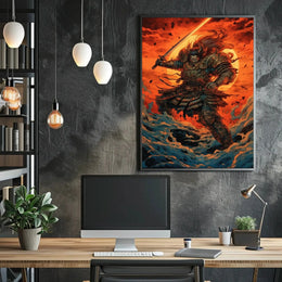 Samurai Warrior Battles Fiery Skies Heritage Poster PosterGoat