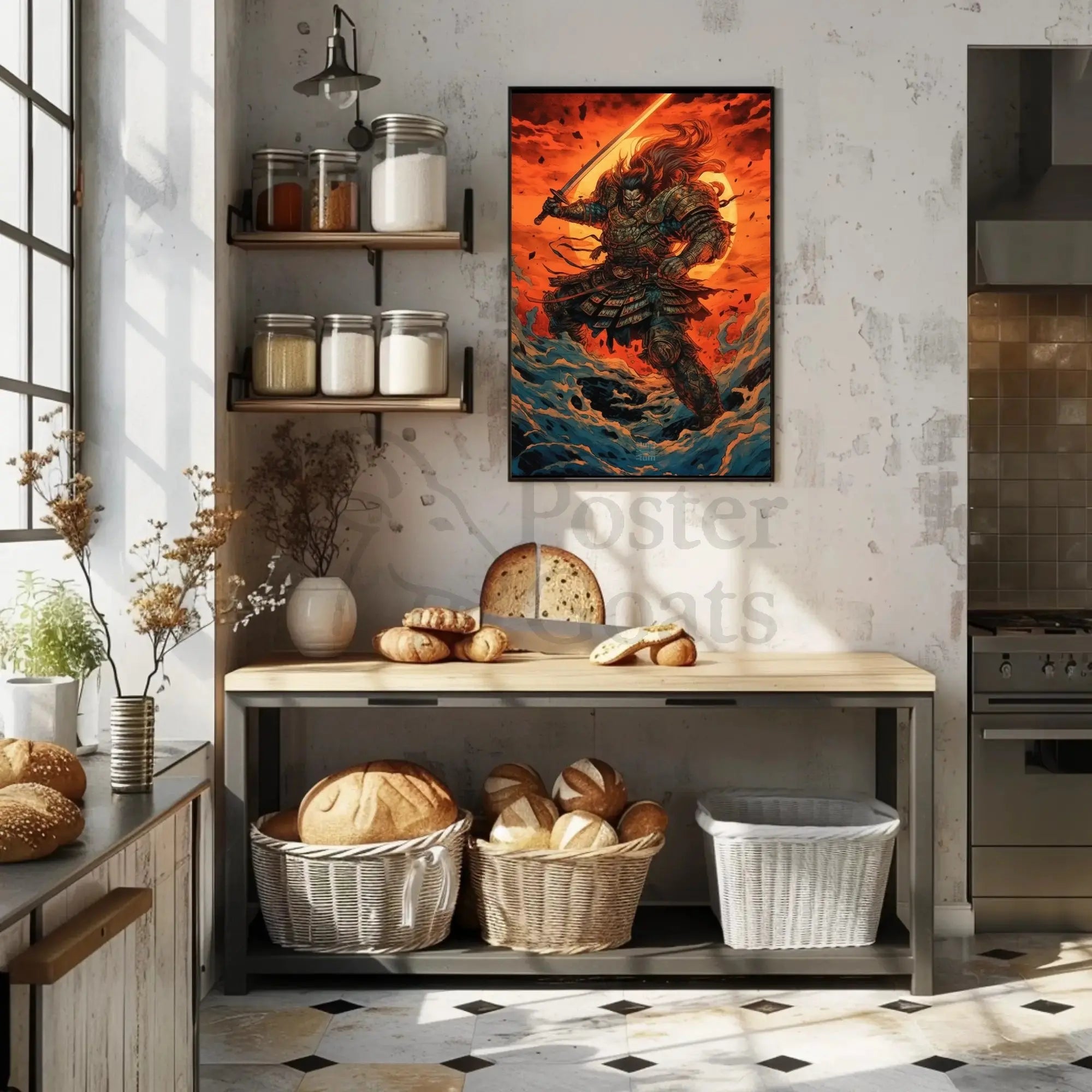 Samurai Warrior Battles Fiery Skies Heritage Poster PosterGoat