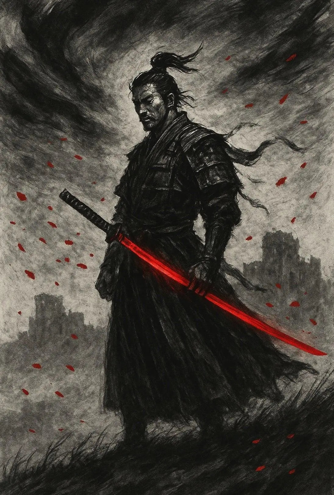 Samurai Warrior with Intense Storm Cultural Poster PosterGoat