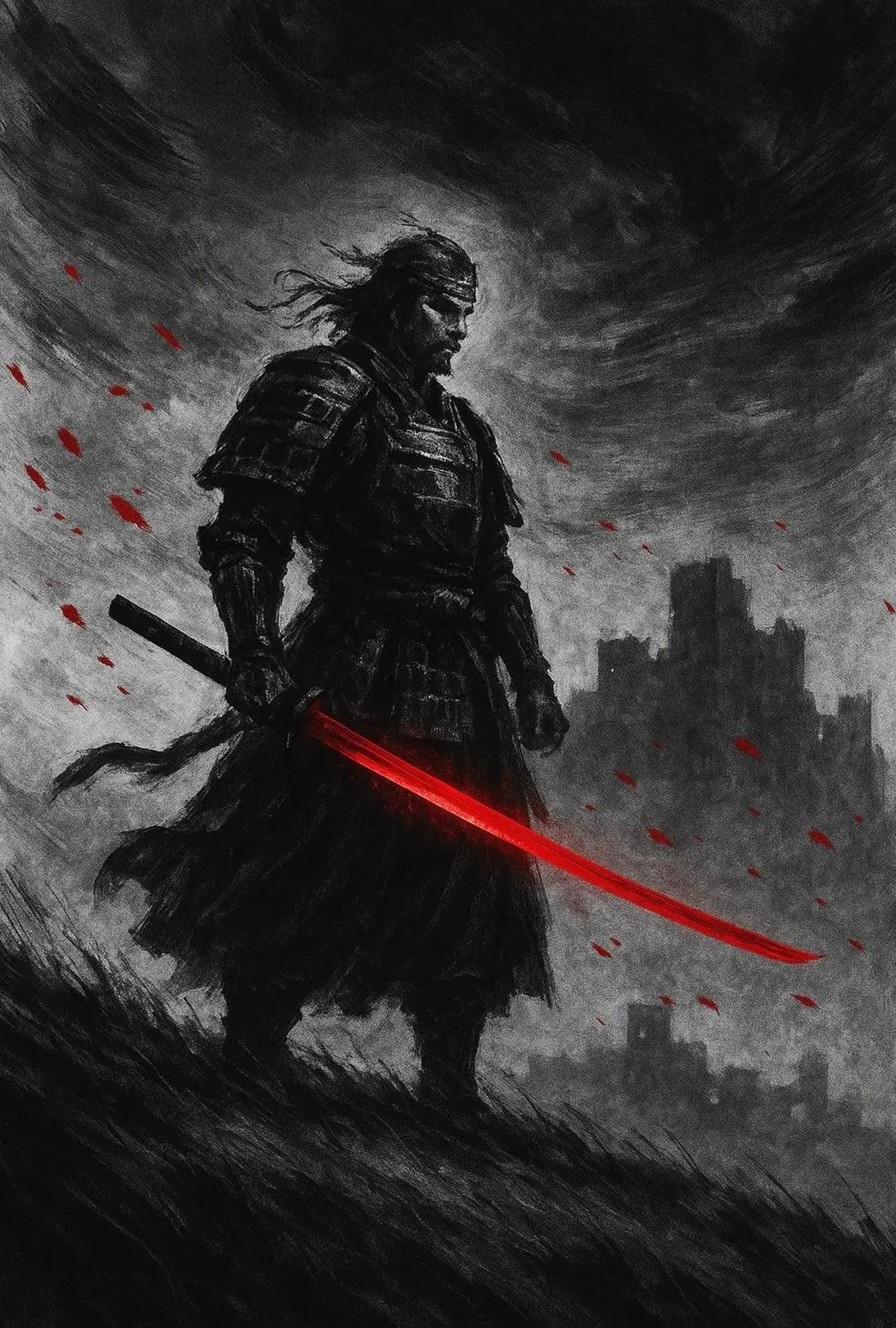 Samurai in Intense Red Artistic Heritage Poster PosterGoat