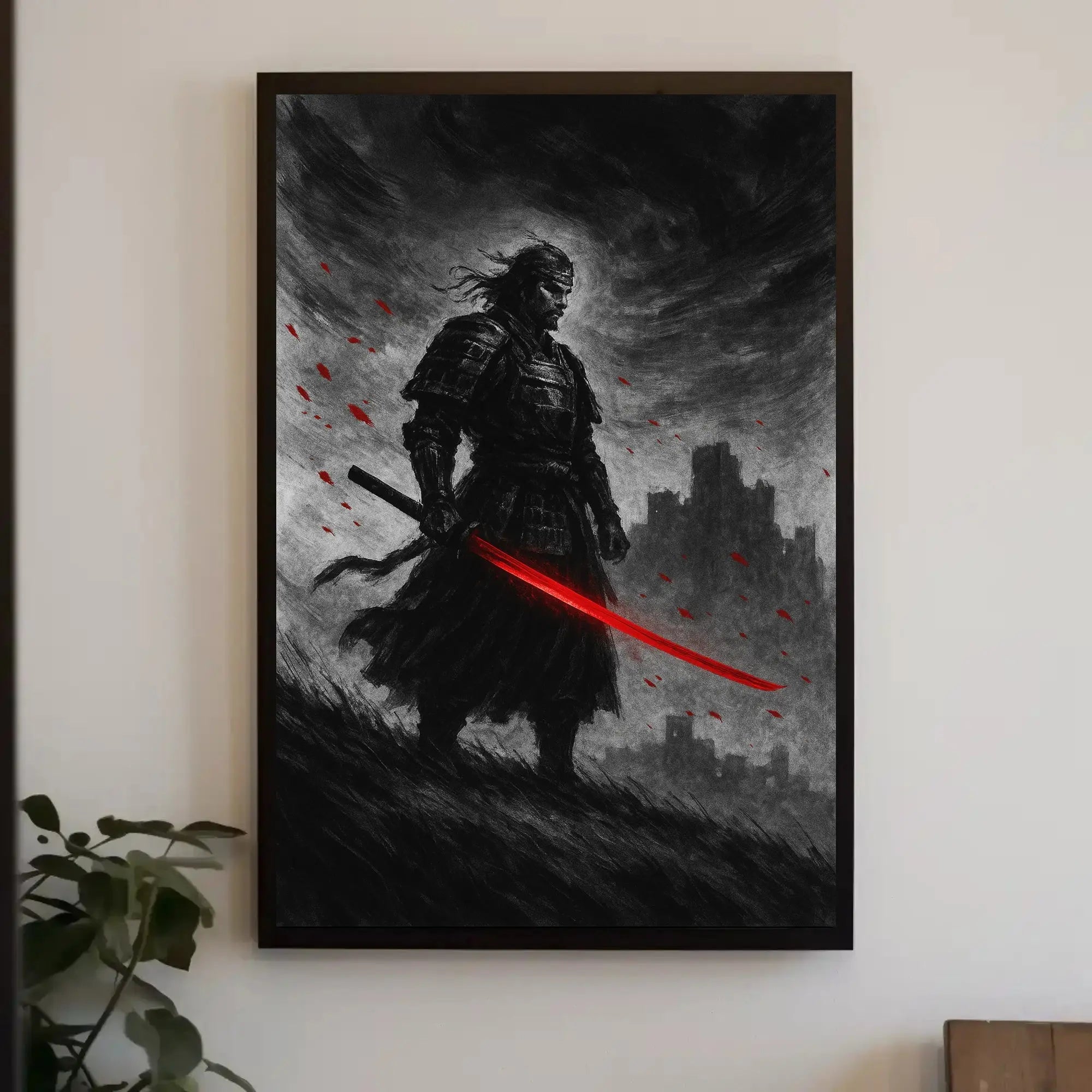 Samurai in Intense Red Artistic Heritage Poster PosterGoat