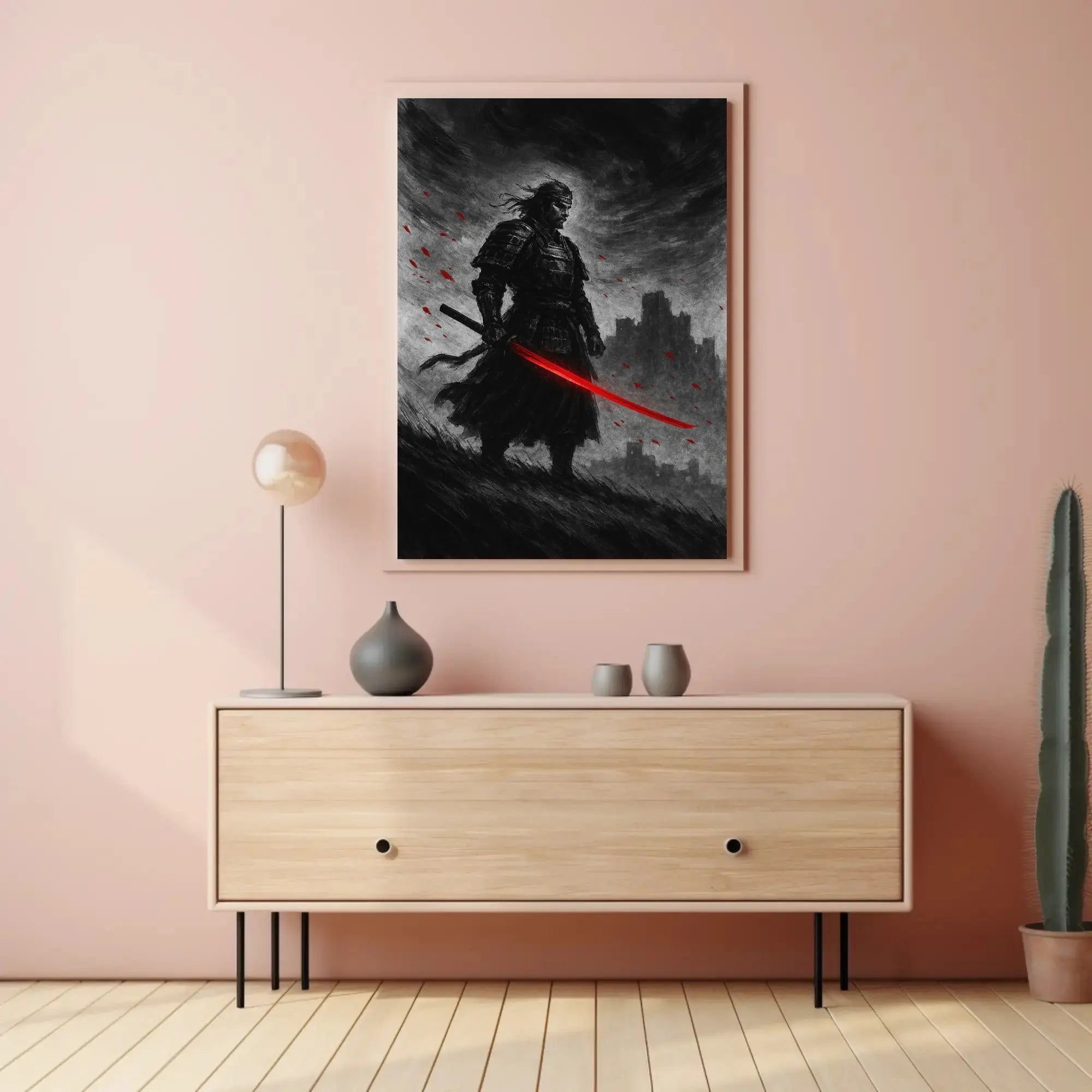 Samurai in Intense Red Artistic Heritage Poster PosterGoat