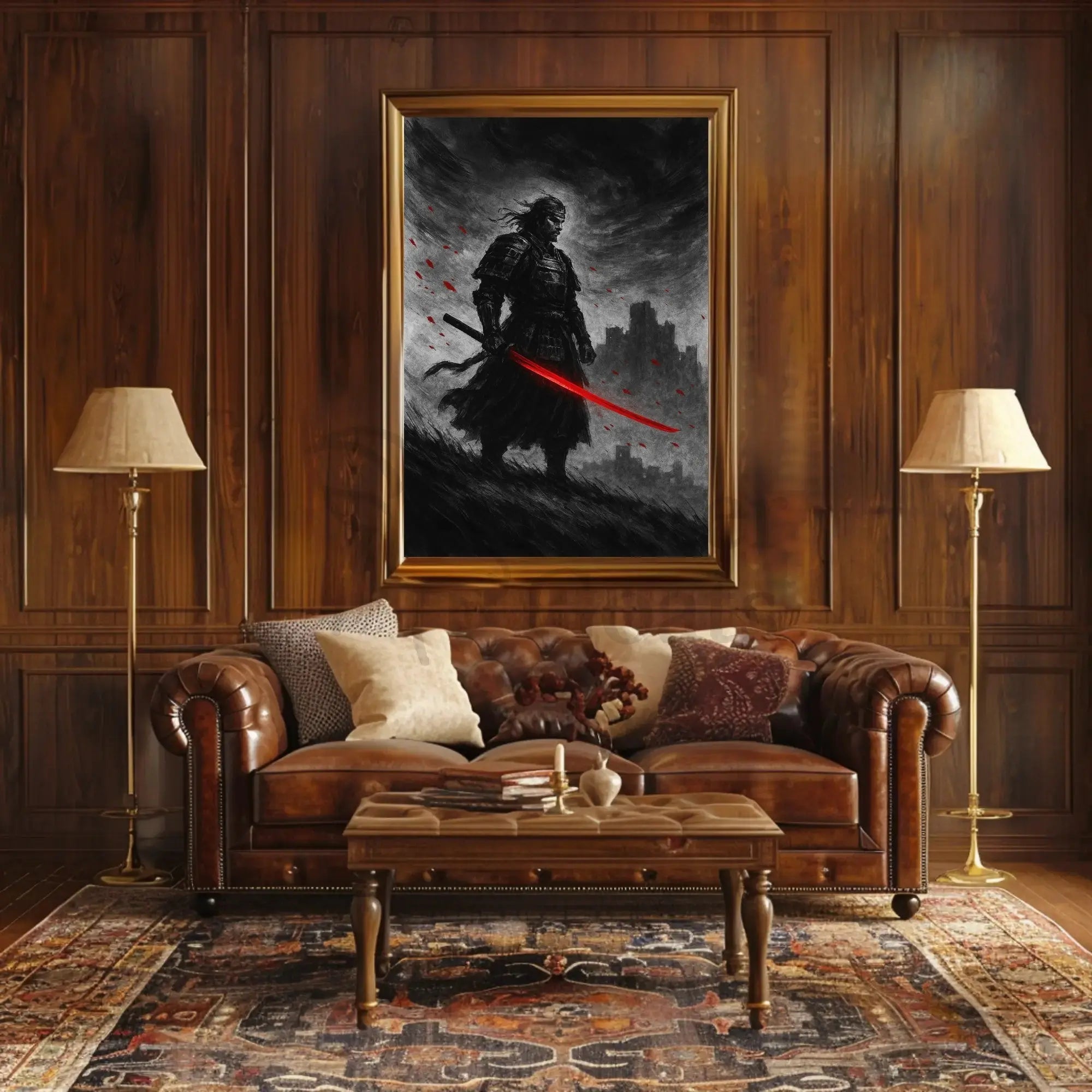 Samurai in Intense Red Artistic Heritage Poster PosterGoat