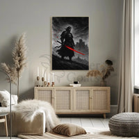 Samurai in Intense Red Artistic Heritage Poster PosterGoat