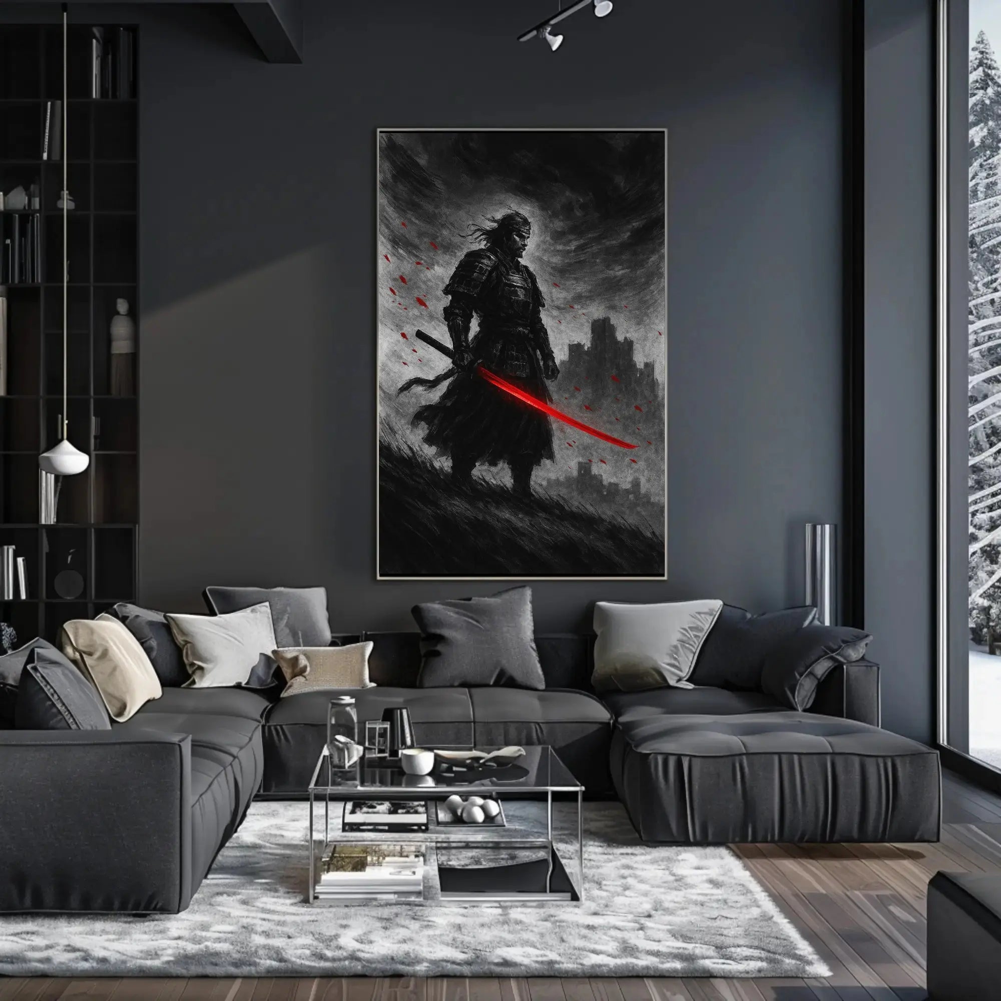 Samurai in Intense Red Artistic Heritage Poster PosterGoat