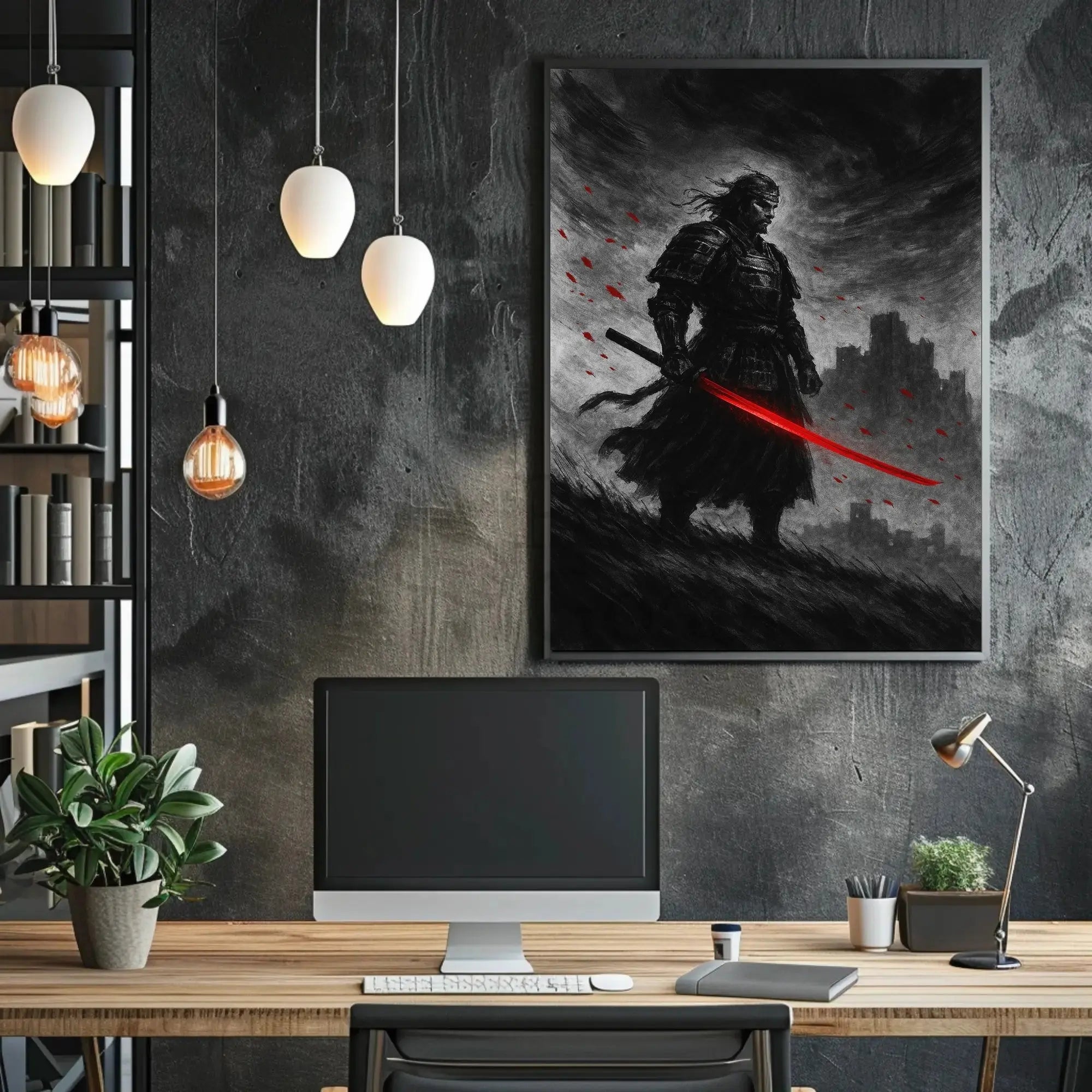 Samurai in Intense Red Artistic Heritage Poster PosterGoat