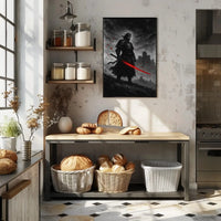 Samurai in Intense Red Artistic Heritage Poster PosterGoat