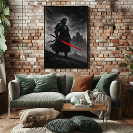 Samurai in Intense Red Artistic Heritage Poster PosterGoat