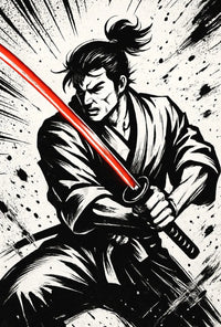 Samurai with Red Sword Futuristic Sci-Fi Poster PosterGoat