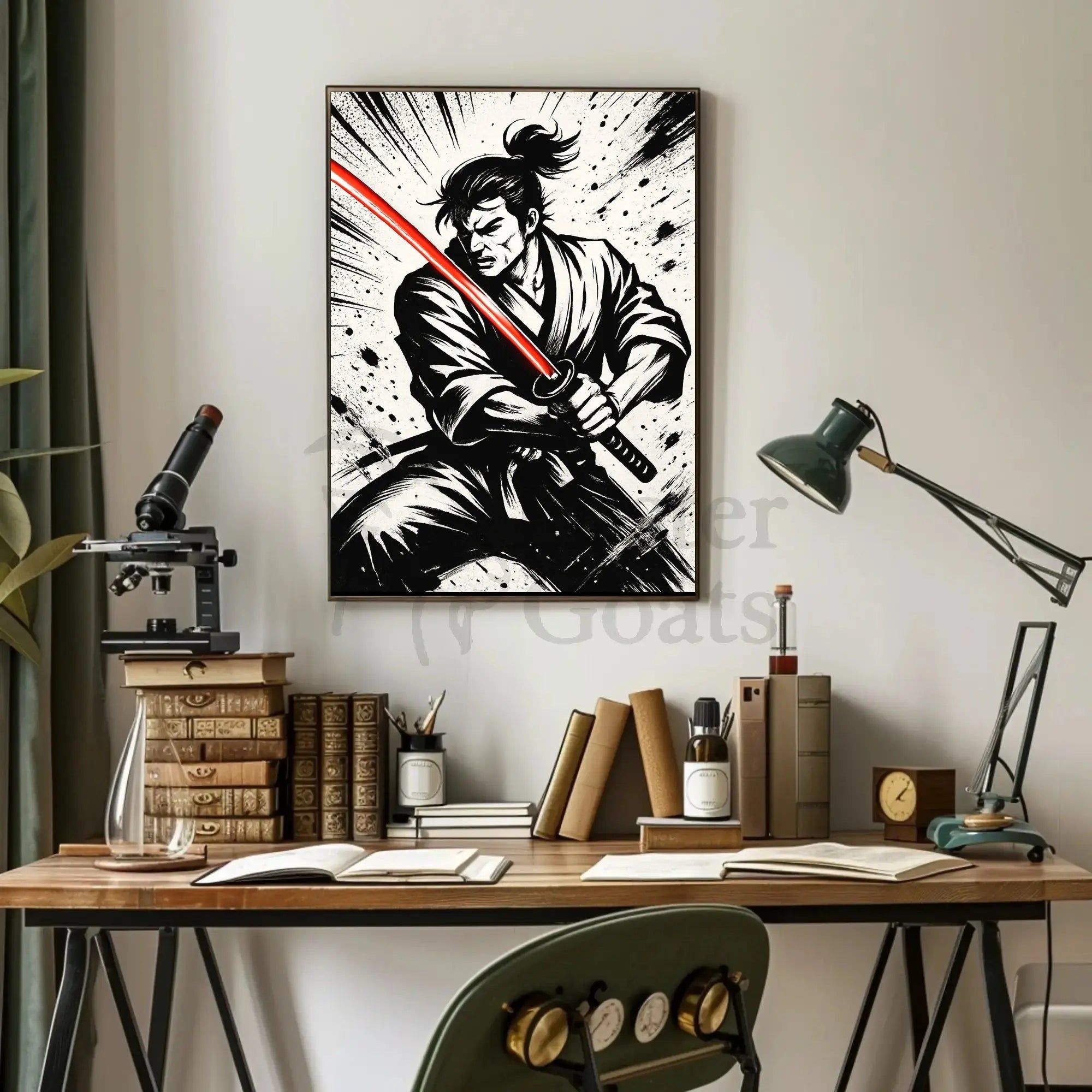 Samurai with Red Sword Futuristic Sci-Fi Poster PosterGoat