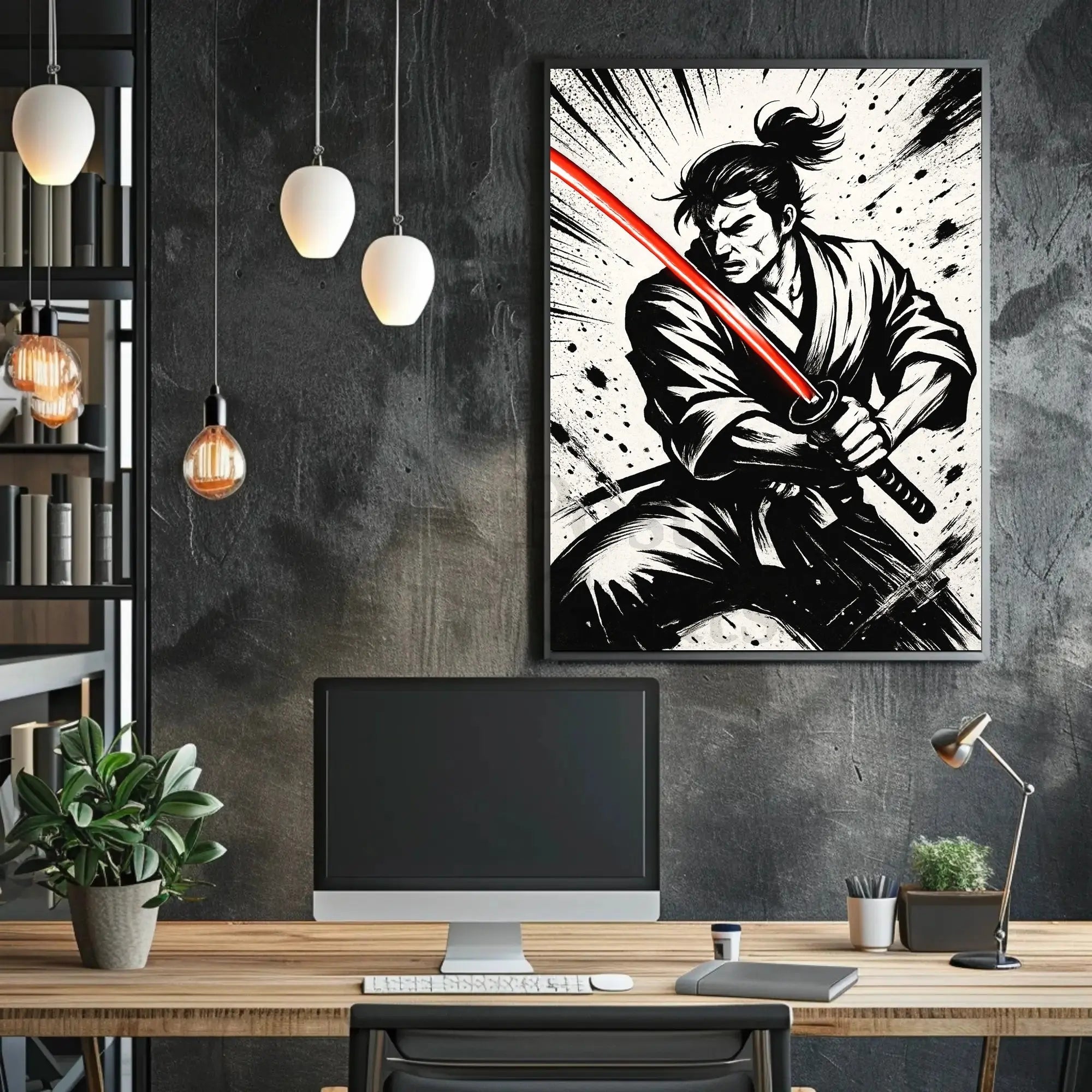Samurai with Red Sword Futuristic Sci-Fi Poster PosterGoat