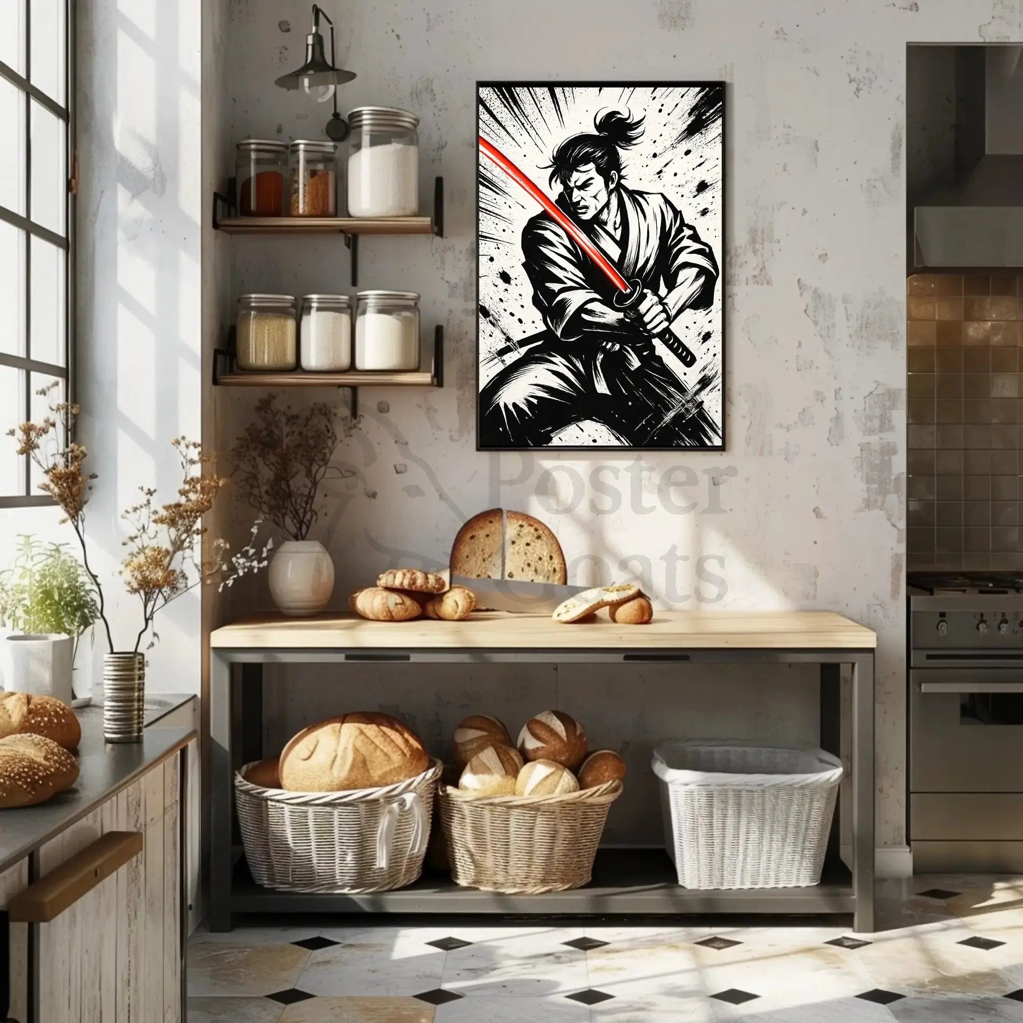 Samurai with Red Sword Futuristic Sci-Fi Poster PosterGoat