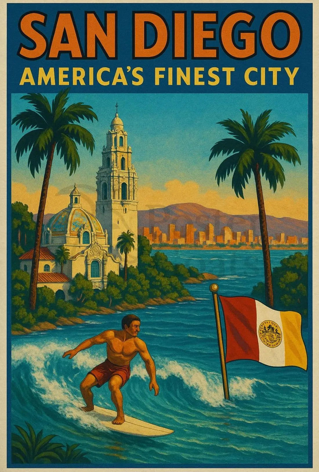 San Diego Surf Adventure Vintage Travel Poster PosterGoat
