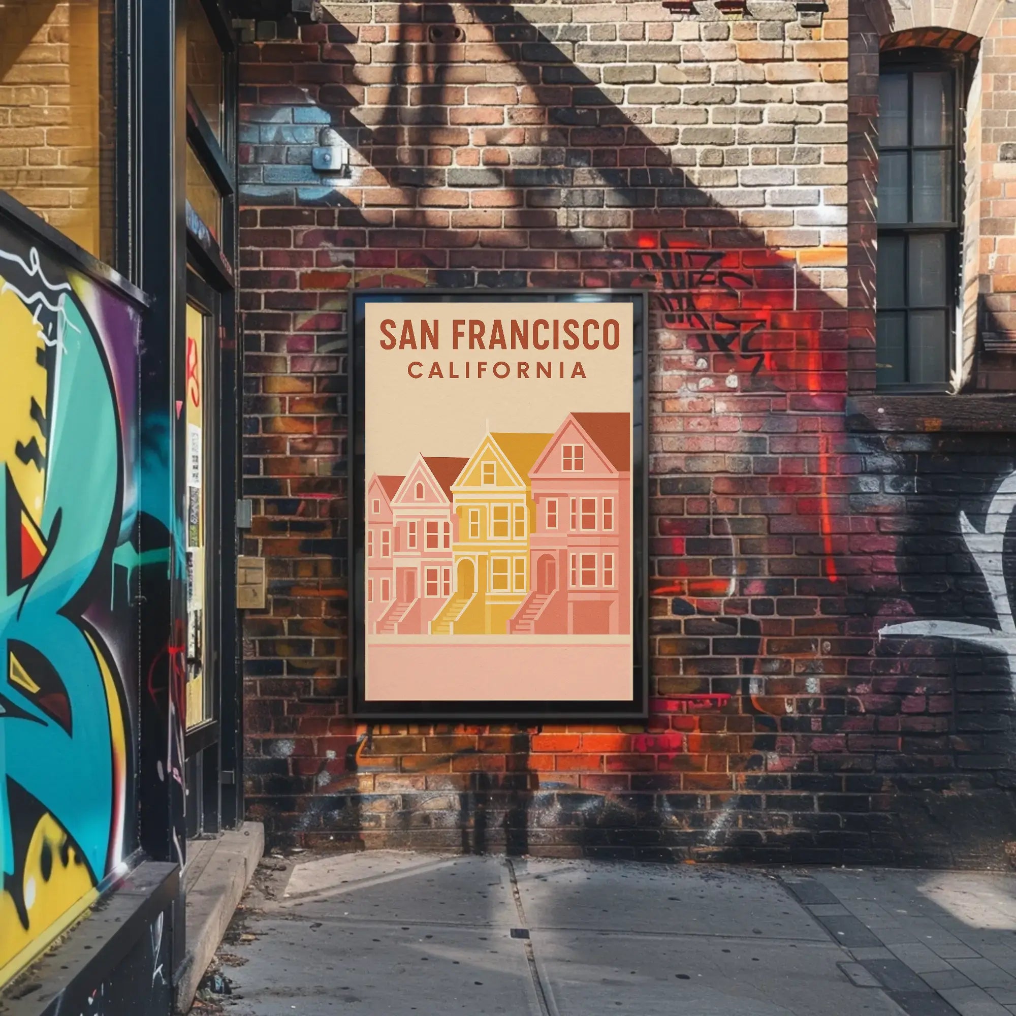 San Francisco's Painted Ladies Retro Travel Poster by Urban Art captures iconic Victorian homes at Alamo Square.