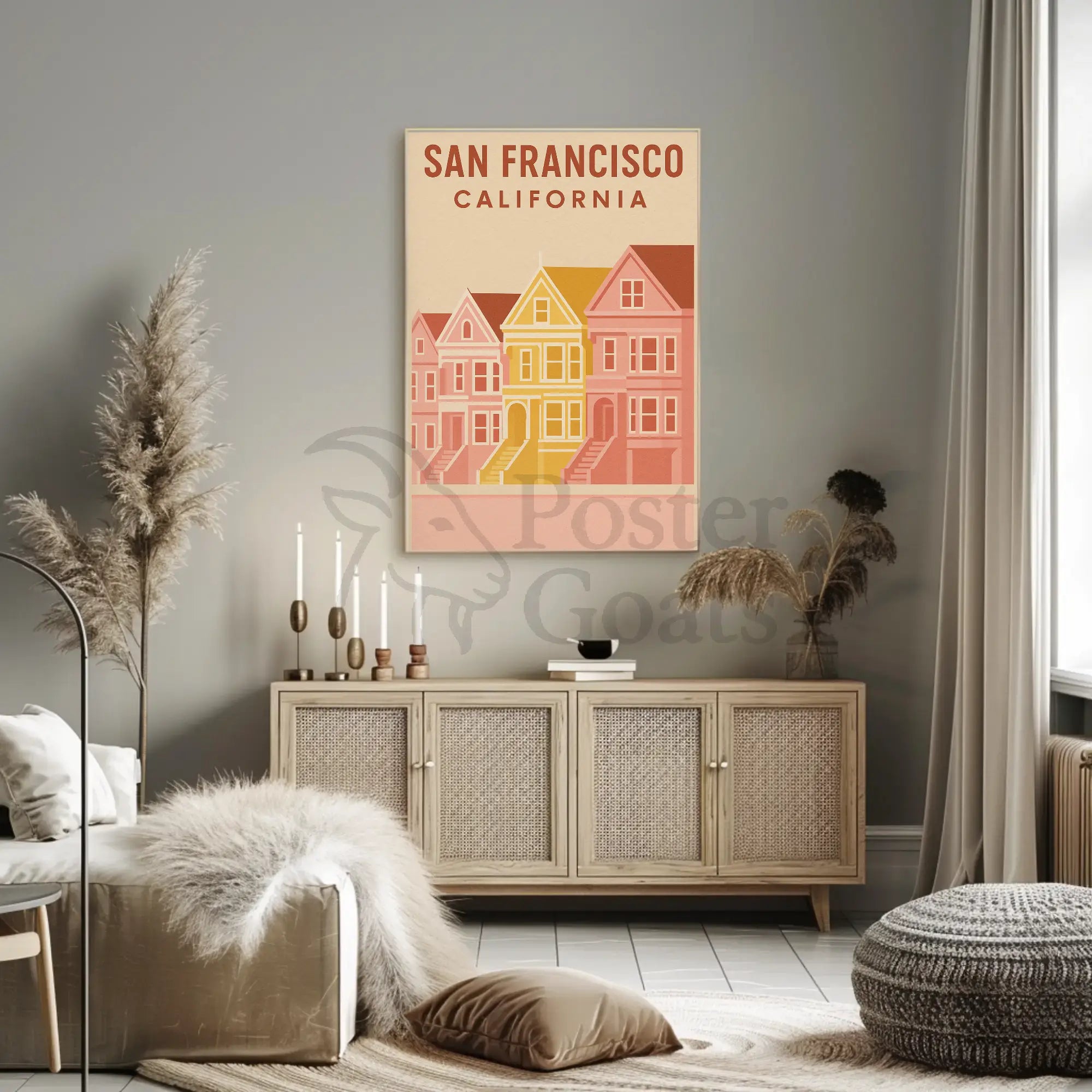 San Francisco's Painted Ladies Retro Travel Poster by Simply Wall Art showcasing iconic Victorian homes at Alamo Square.
