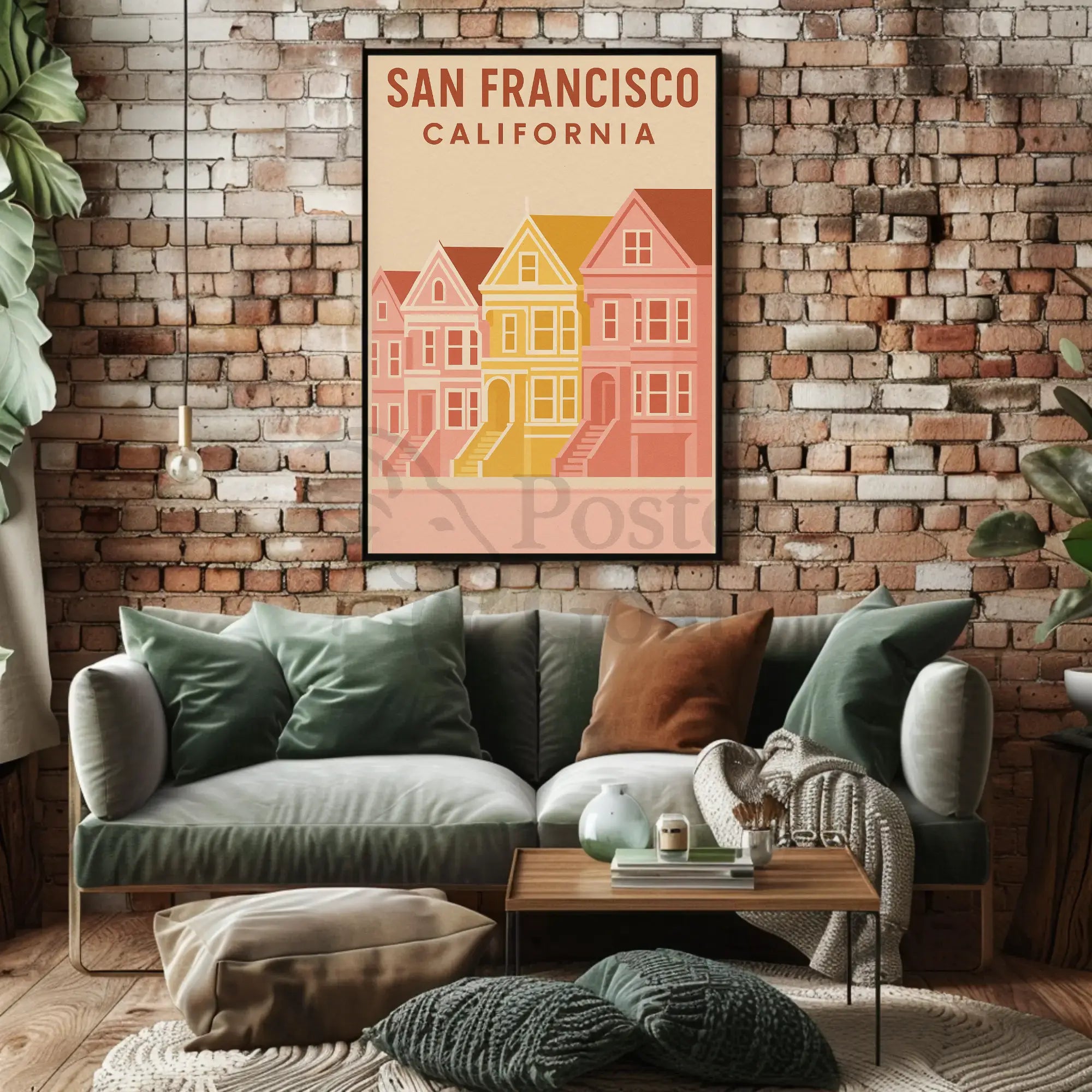 San Francisco's Painted Ladies Retro Travel Poster by UrbanArt captures iconic Victorian homes in vibrant vintage style.