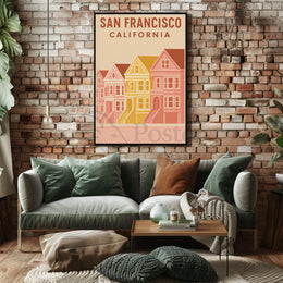 San Francisco's Painted Ladies Retro Travel Poster by UrbanArt captures iconic Victorian homes in vibrant vintage style.