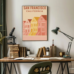 San Francisco's Painted Ladies Retro Travel Poster by UrbanArt captures iconic Victorian homes in vibrant colors.