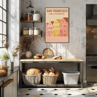 San Francisco's Painted Ladies Retro Travel Poster by Urban Art captures vibrant Victorian homes at Alamo Square.