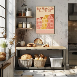 San Francisco's Painted Ladies Retro Travel Poster by Urban Art captures vibrant Victorian homes at Alamo Square.