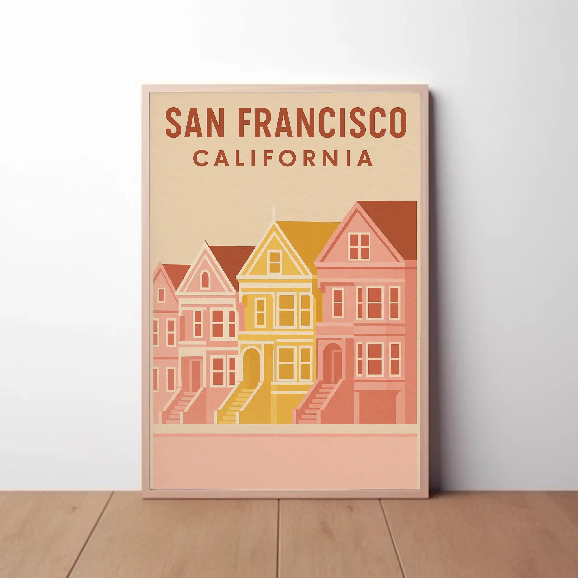San Francisco's Painted Ladies Retro Travel Poster by Urban Art captures iconic Victorian homes in vibrant colors.