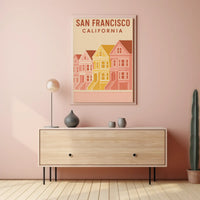 San Francisco's Painted Ladies Retro Travel Poster by Artful Decor showcases iconic Victorian homes at Alamo Square.