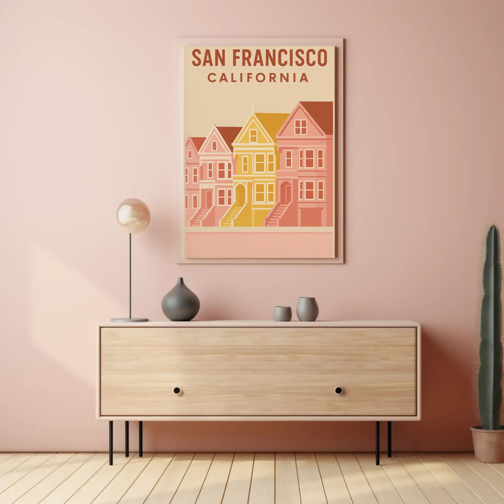 San Francisco's Painted Ladies Retro Travel Poster by Artful Decor showcases iconic Victorian homes at Alamo Square.
