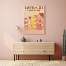 San Francisco's Painted Ladies Retro Travel Poster by Artful Decor showcases iconic Victorian homes at Alamo Square.