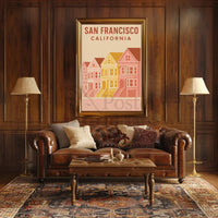 San Francisco's Painted Ladies Retro Travel Poster from Urban Art showcases colorful Victorian homes at Alamo Square.