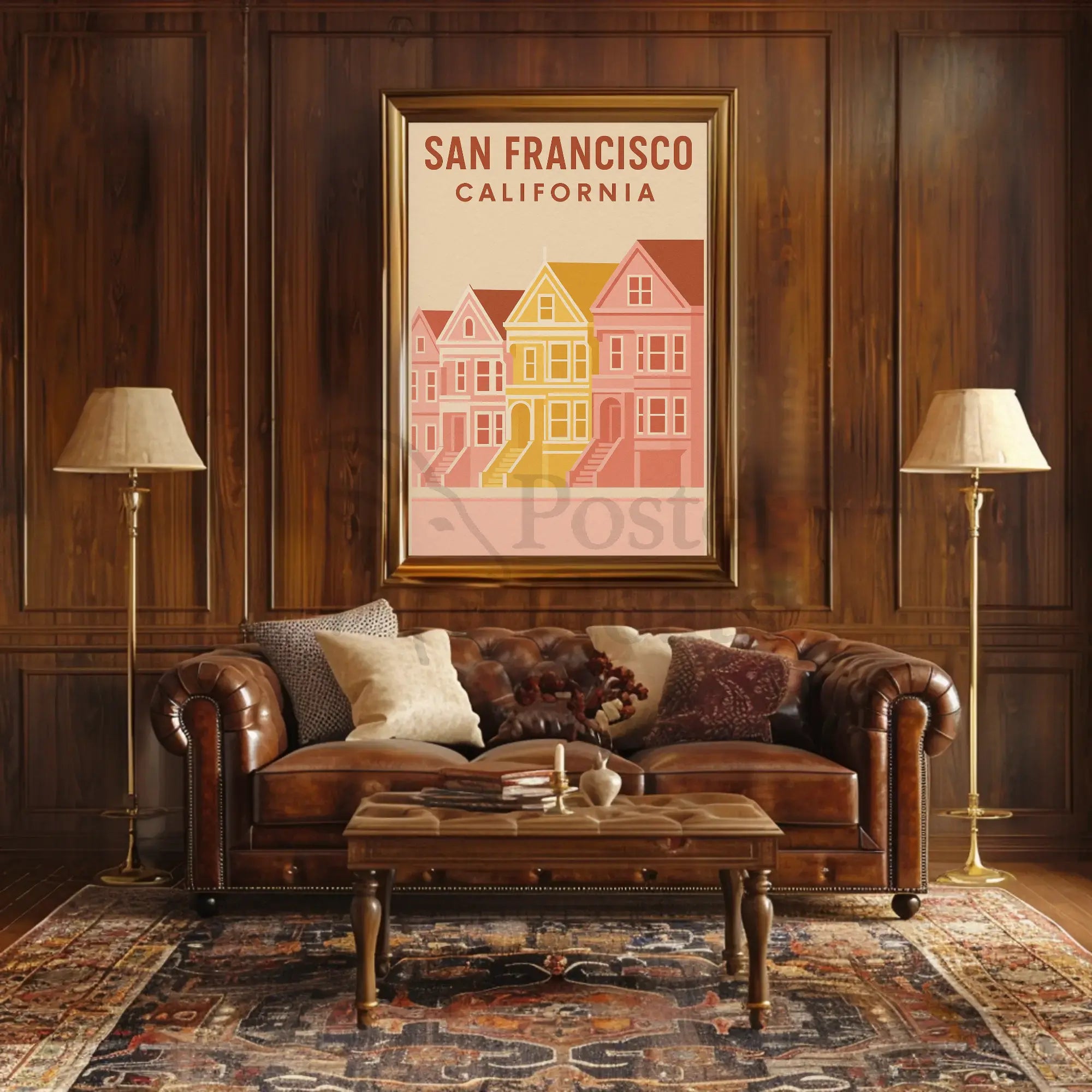 San Francisco's Painted Ladies Retro Travel Poster from Urban Art showcases colorful Victorian homes at Alamo Square.