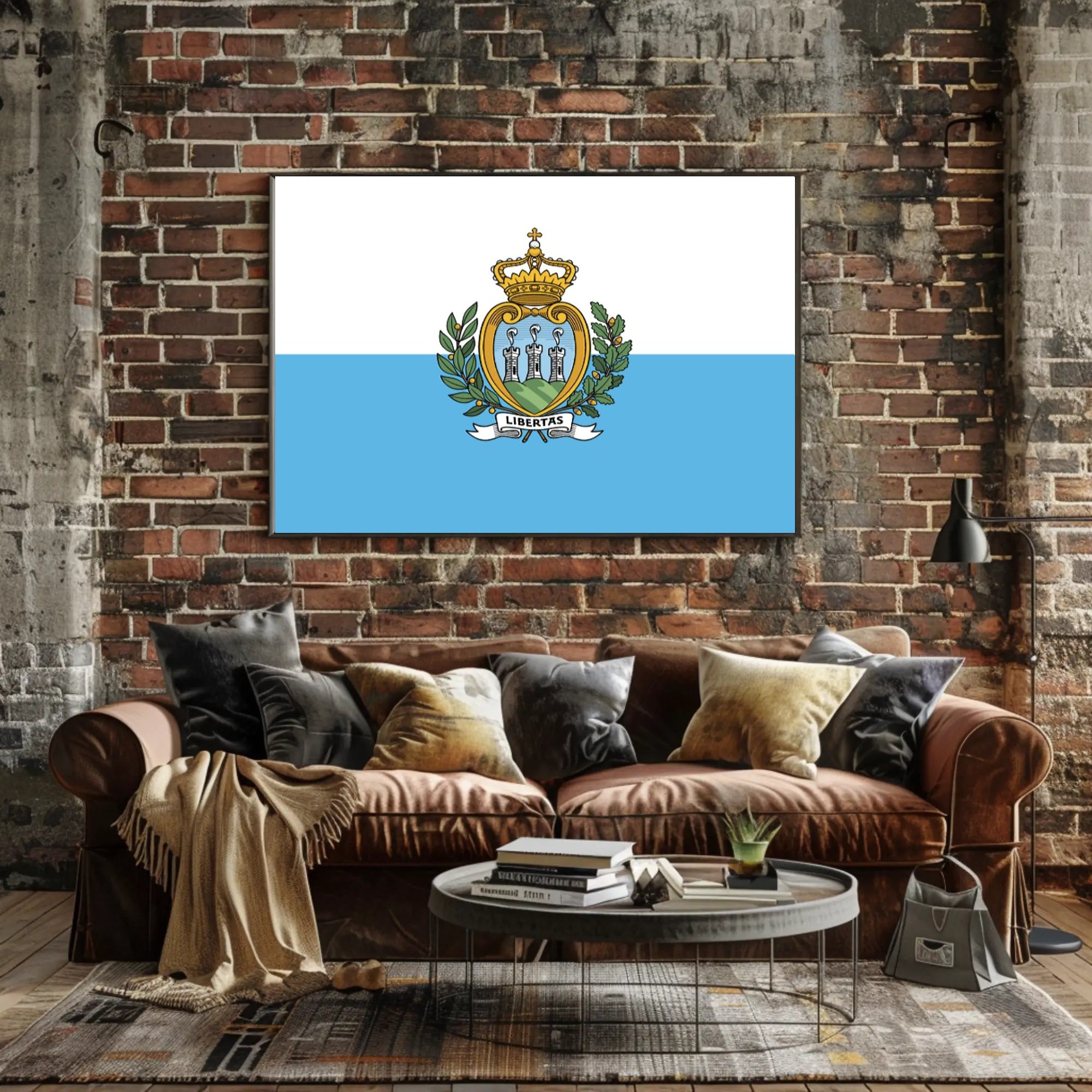 San Marino Flag with Heraldic Coat of Arms Country Flag Poster PosterGoat