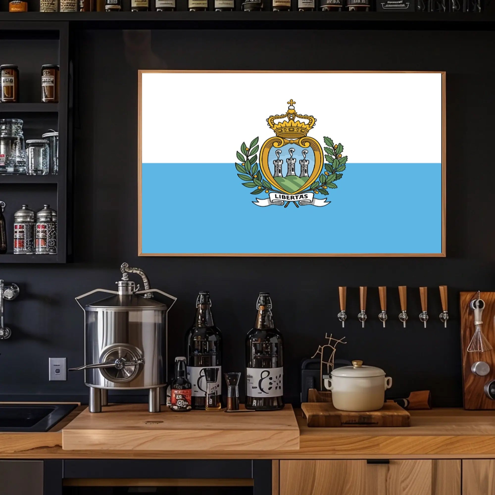 San Marino Flag with Heraldic Coat of Arms Country Flag Poster PosterGoat