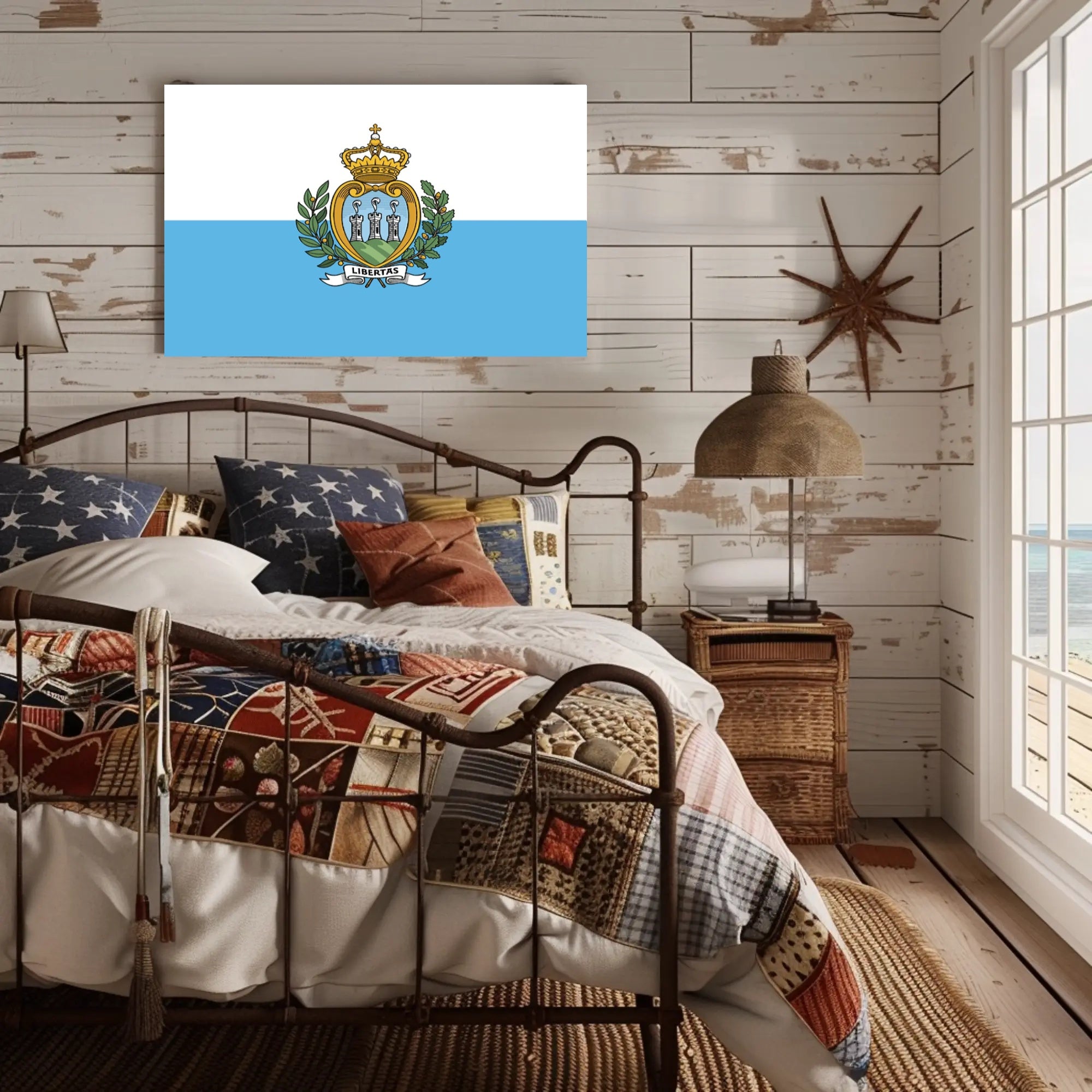 San Marino Flag with Heraldic Coat of Arms Country Flag Poster PosterGoat