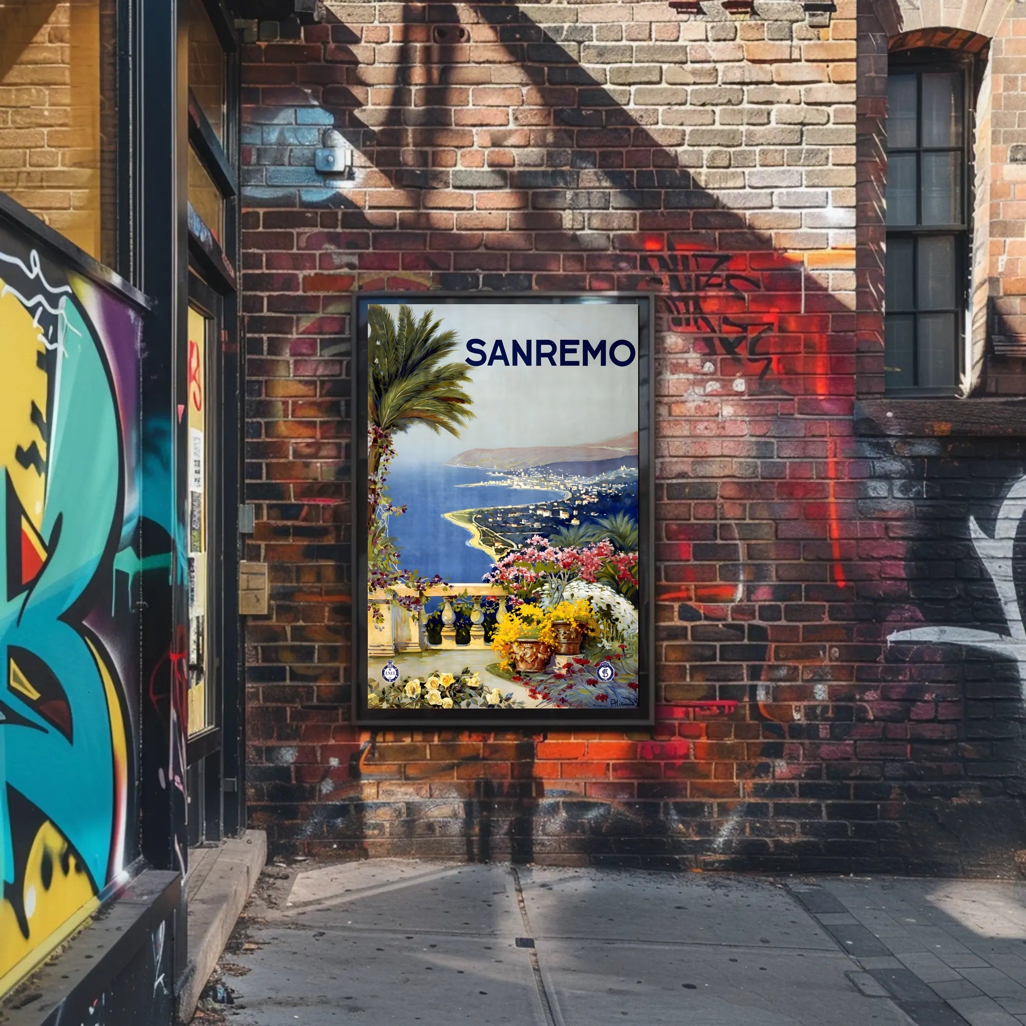 Sanremo Vintage Travel Poster: Elegant Coastal Terrace Scene PosterGoat